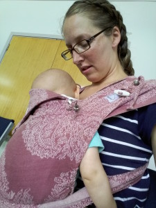 Trying on a carrier at the meet.