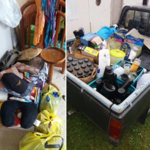 Two photos of junk, clothes, toys and things we got rid of.