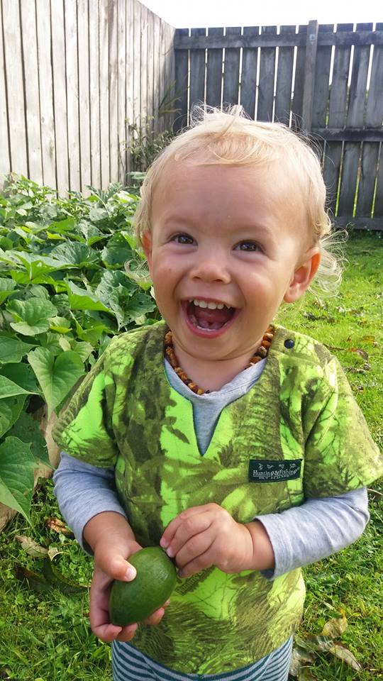 A young child holds a feijoa and looks delightedly at the camera.